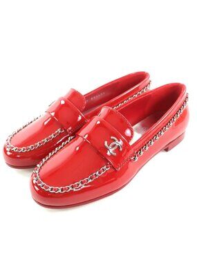 Chanel with Coco Mark Parts Patent Leather Chain Loafers Red